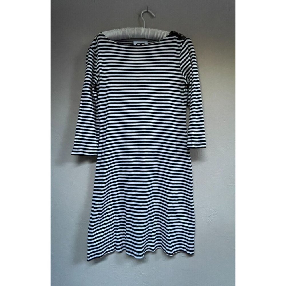 Edward An Womens Medium Boat Neck Black White Striped Dress Cotton 3/4 Sleeve